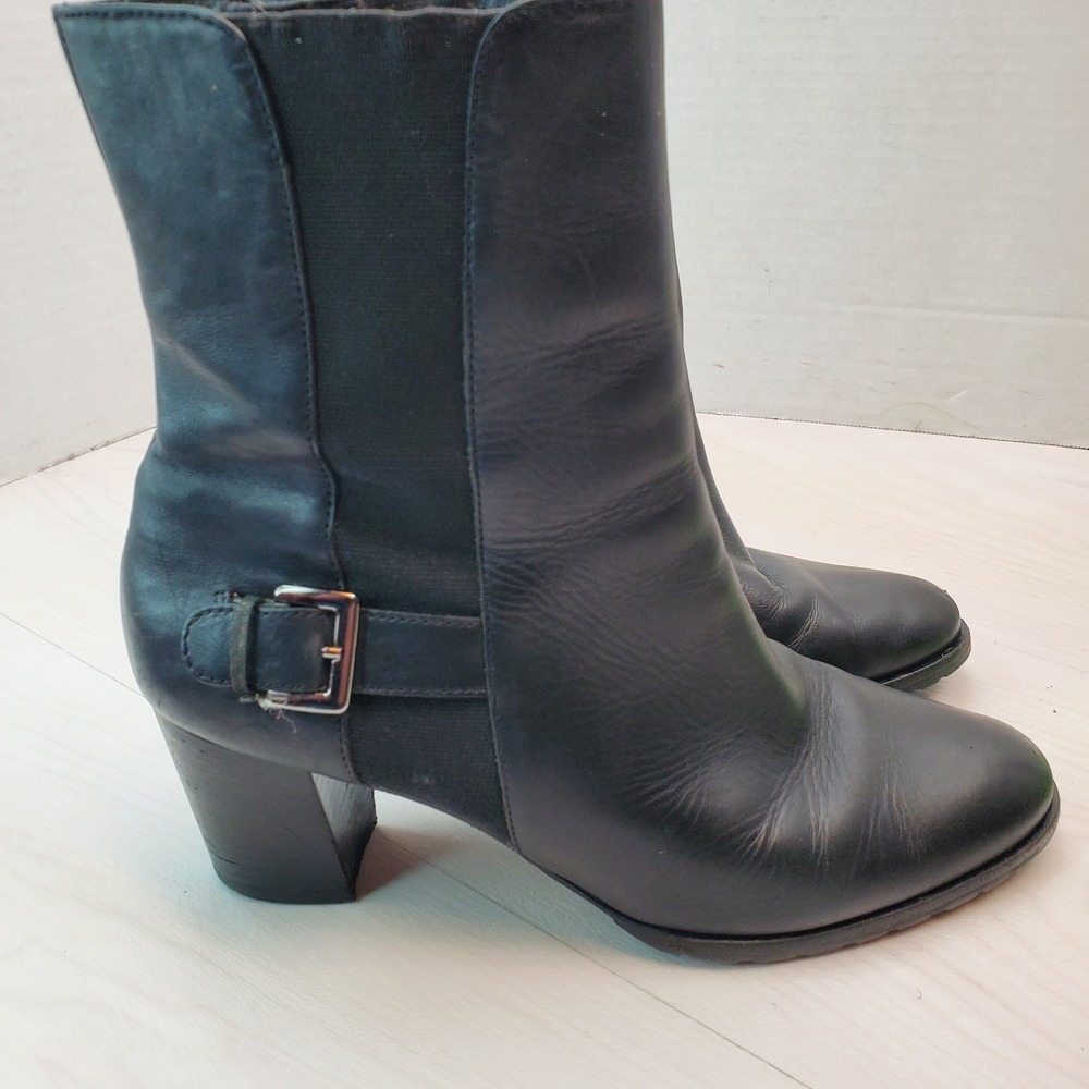Cole Haan Black Leather Ankle Boots Buckle‎ Elastic Side Block Heel 9.5B - Picture 6 of 16